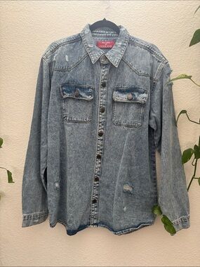 Vintage Distressed Denim Button Up Shirt Jacket Oversized Jean Shacket Size L